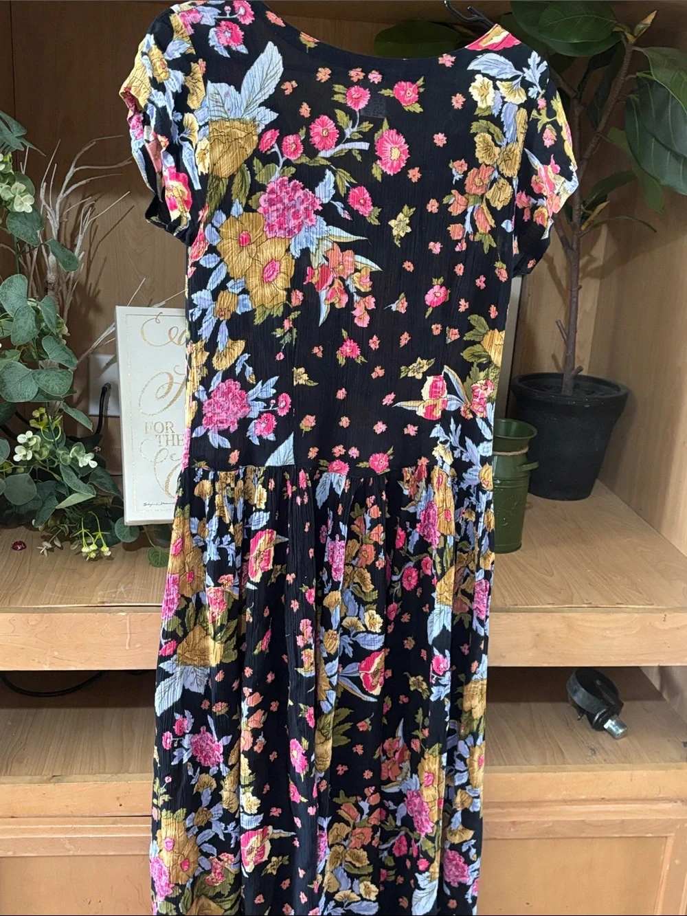 Vintage 90s Jasmine by KVM Black Floral Rayon Midi Dress Small